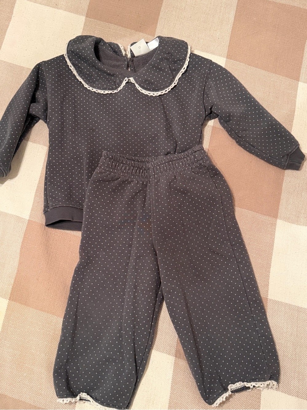 Zara Charcoal Gray Polka Dot Sweat Set with Lace Collar